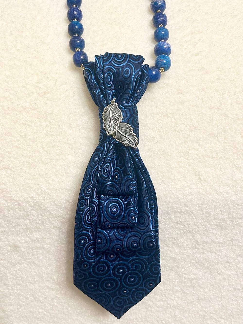 Upcycled Silk Tie Necklace with Embelishment